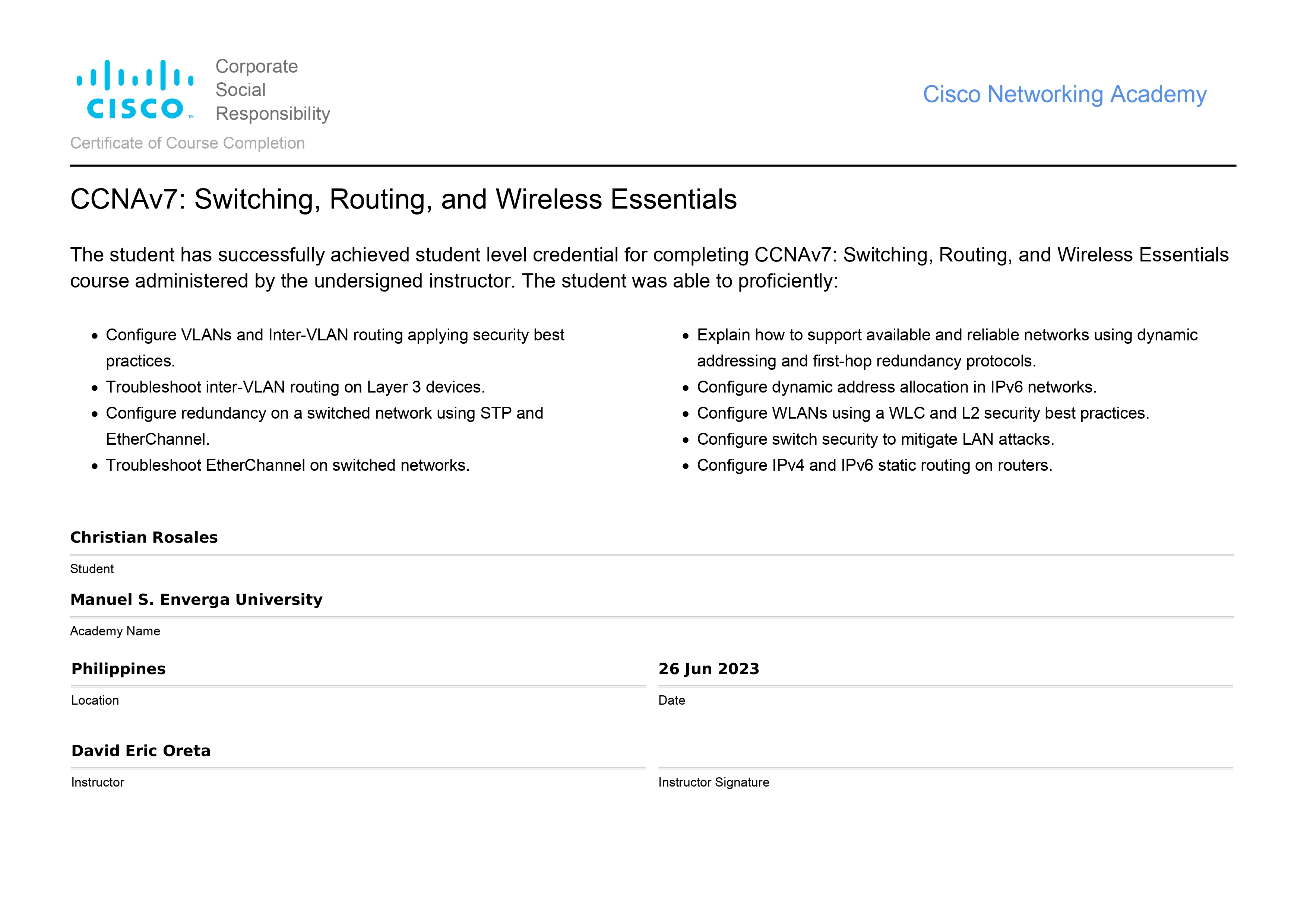 CCNA: Switching, Routing, and Wireless Essentials Certificate