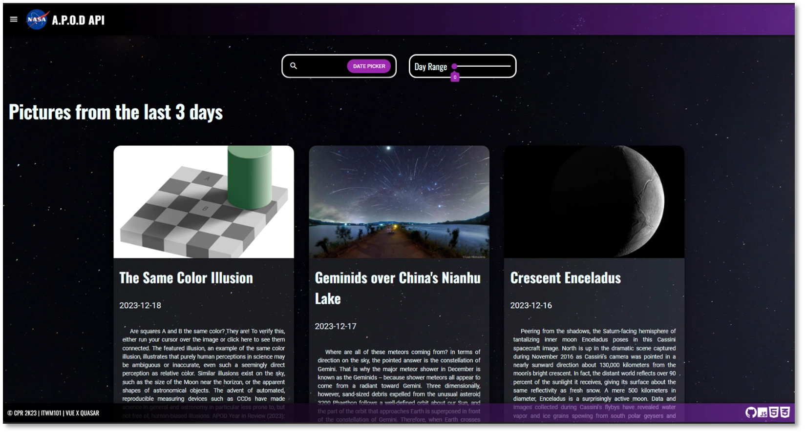 Astronomy Picture of the Day API - Screenshot of Christian Rosales' Astronomy Picture of the Day API project showcasing Vue.js, Quasar, API, JavaScript